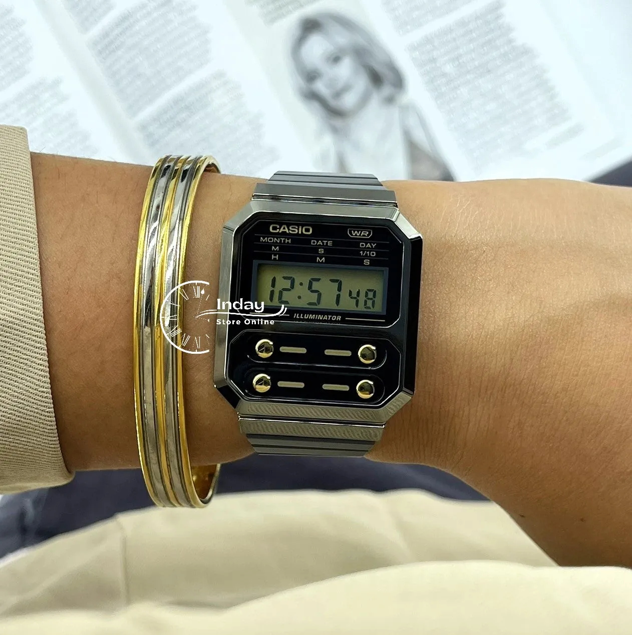Casio Women's Watch A100WEGG-1A2 Vintage Stainless Steel Band Adjustable Clasp