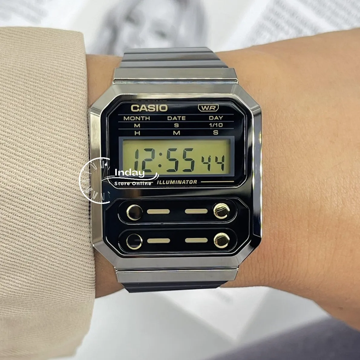 Casio Women's Watch A100WEGG-1A2 Vintage Stainless Steel Band Adjustable Clasp