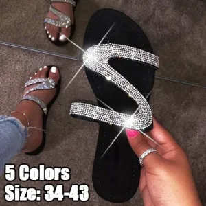 Casual Sandals Ladies Slippers Flash Diamond Flat Sandals Casual Beach Slippers Bling-bling Diamond Flat Sandals