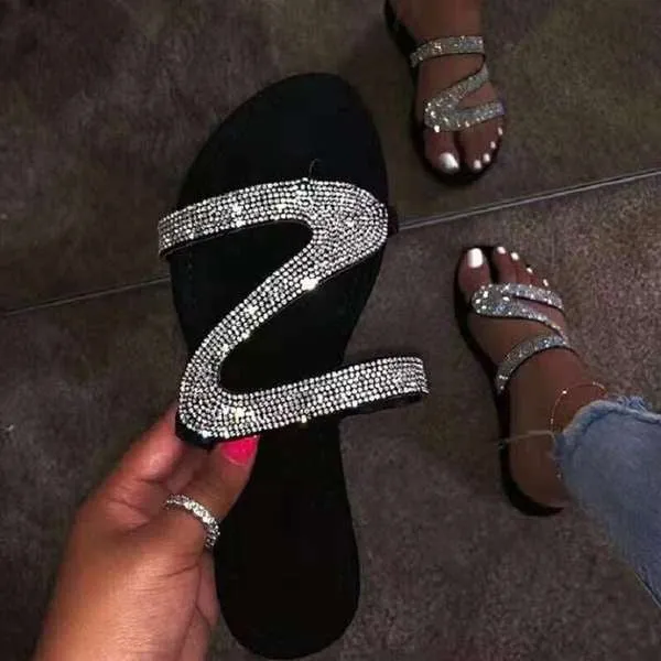 Casual Sandals Ladies Slippers Flash Diamond Flat Sandals Casual Beach Slippers Bling-bling Diamond Flat Sandals