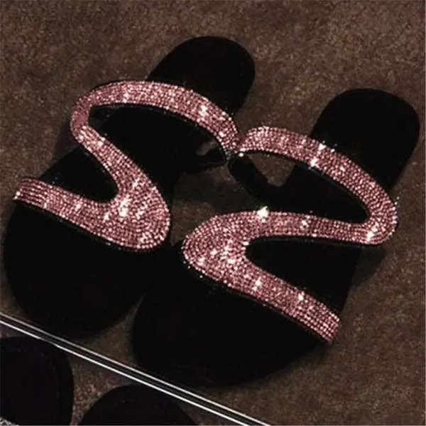 Casual Sandals Ladies Slippers Flash Diamond Flat Sandals Casual Beach Slippers Bling-bling Diamond Flat Sandals