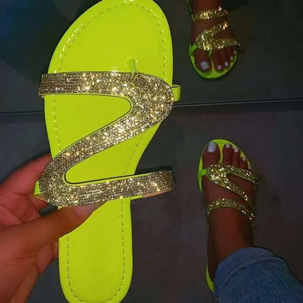 Casual Sandals Ladies Slippers Flash Diamond Flat Sandals Casual Beach Slippers Bling-bling Diamond Flat Sandals