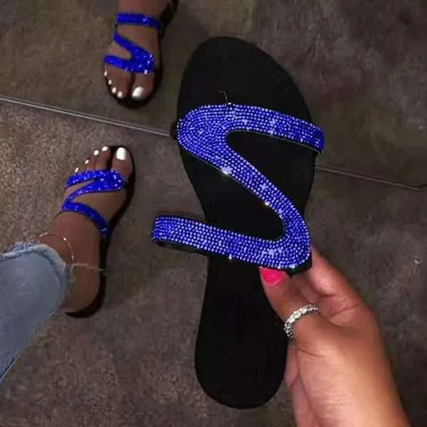 Casual Sandals Ladies Slippers Flash Diamond Flat Sandals Casual Beach Slippers Bling-bling Diamond Flat Sandals