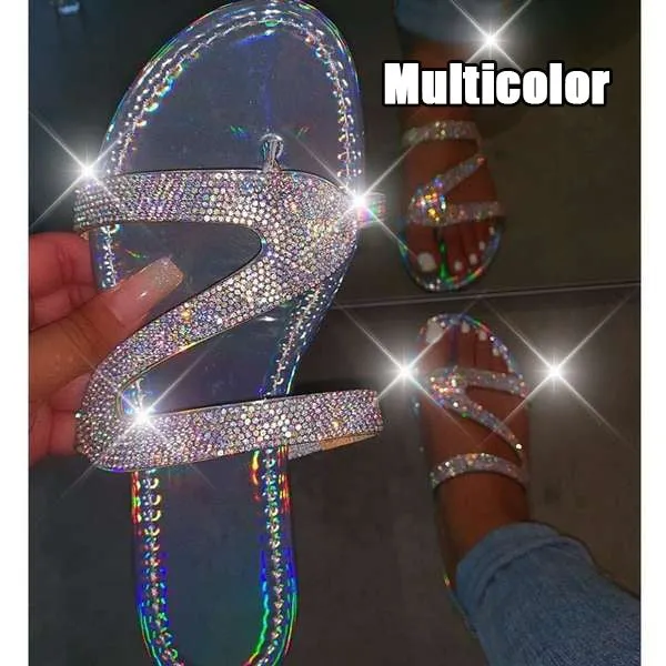 Casual Sandals Ladies Slippers Flash Diamond Flat Sandals Casual Beach Slippers Bling-bling Diamond Flat Sandals