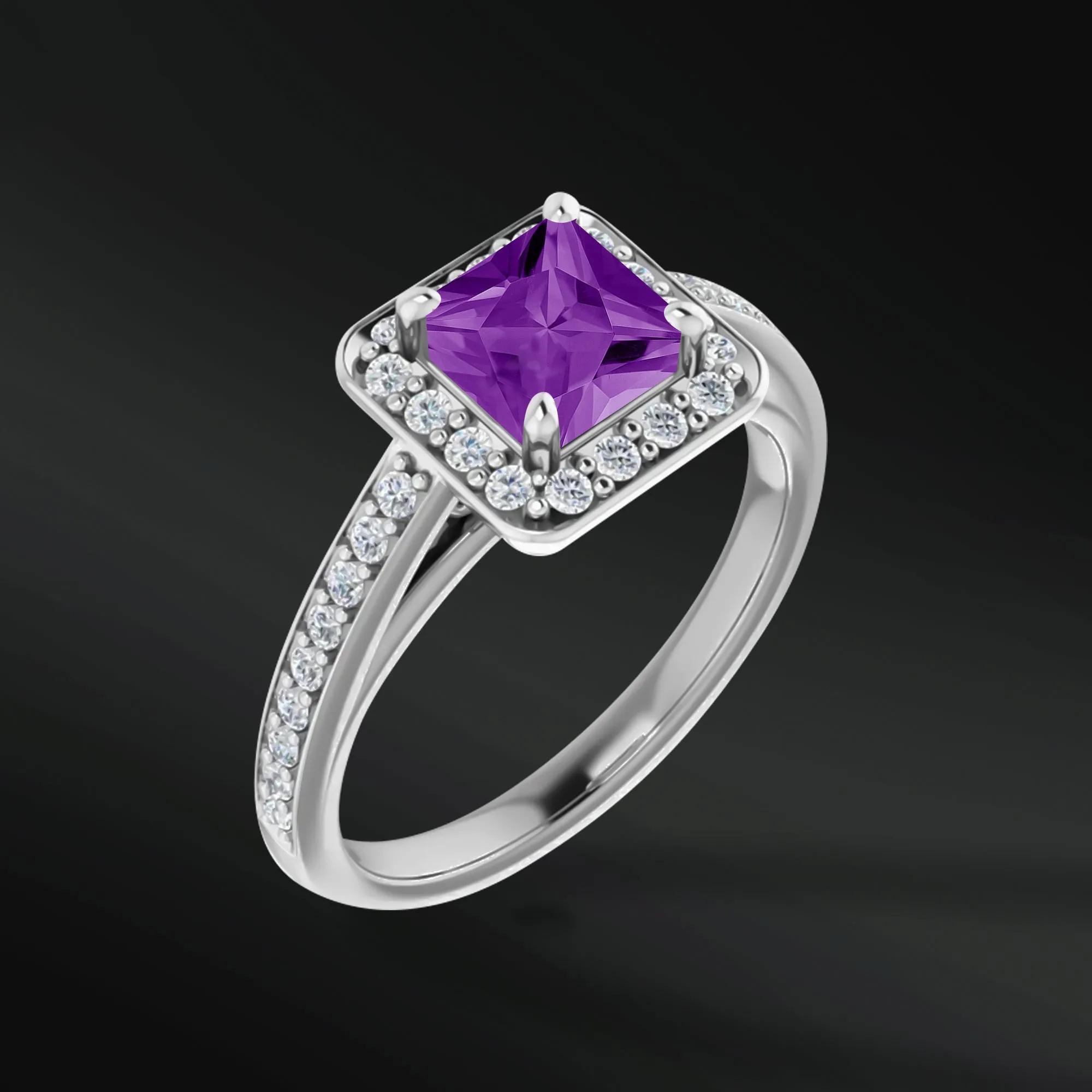 Celestial Radiance - 14K Gold Engagement Ring | 5x5 mm Princess cut Natural Amethyst | 1/3 CTW Natural Diamonds | GHI Color, SI2-SI3 Clarity