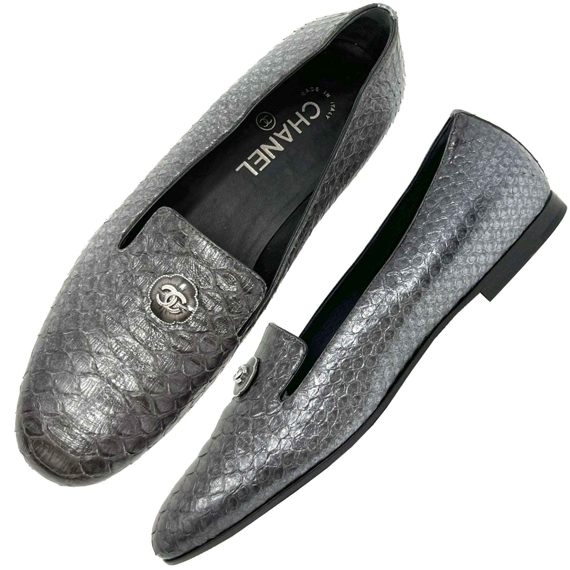 Chanel Grey Python Interlocking Logo Round Toe Flats Slippers Loafers Size EU 39.5