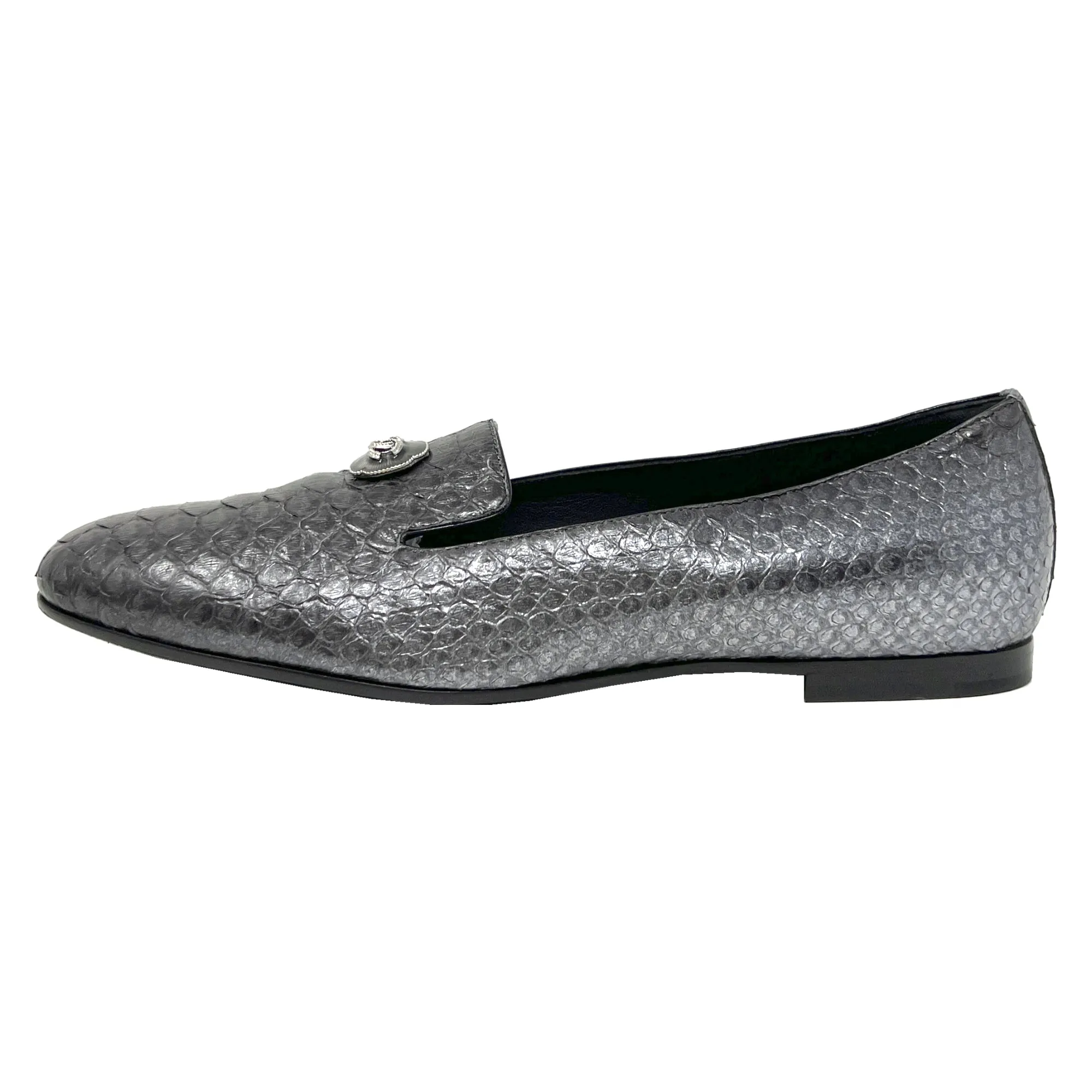 Chanel Grey Python Interlocking Logo Round Toe Flats Slippers Loafers Size EU 39.5