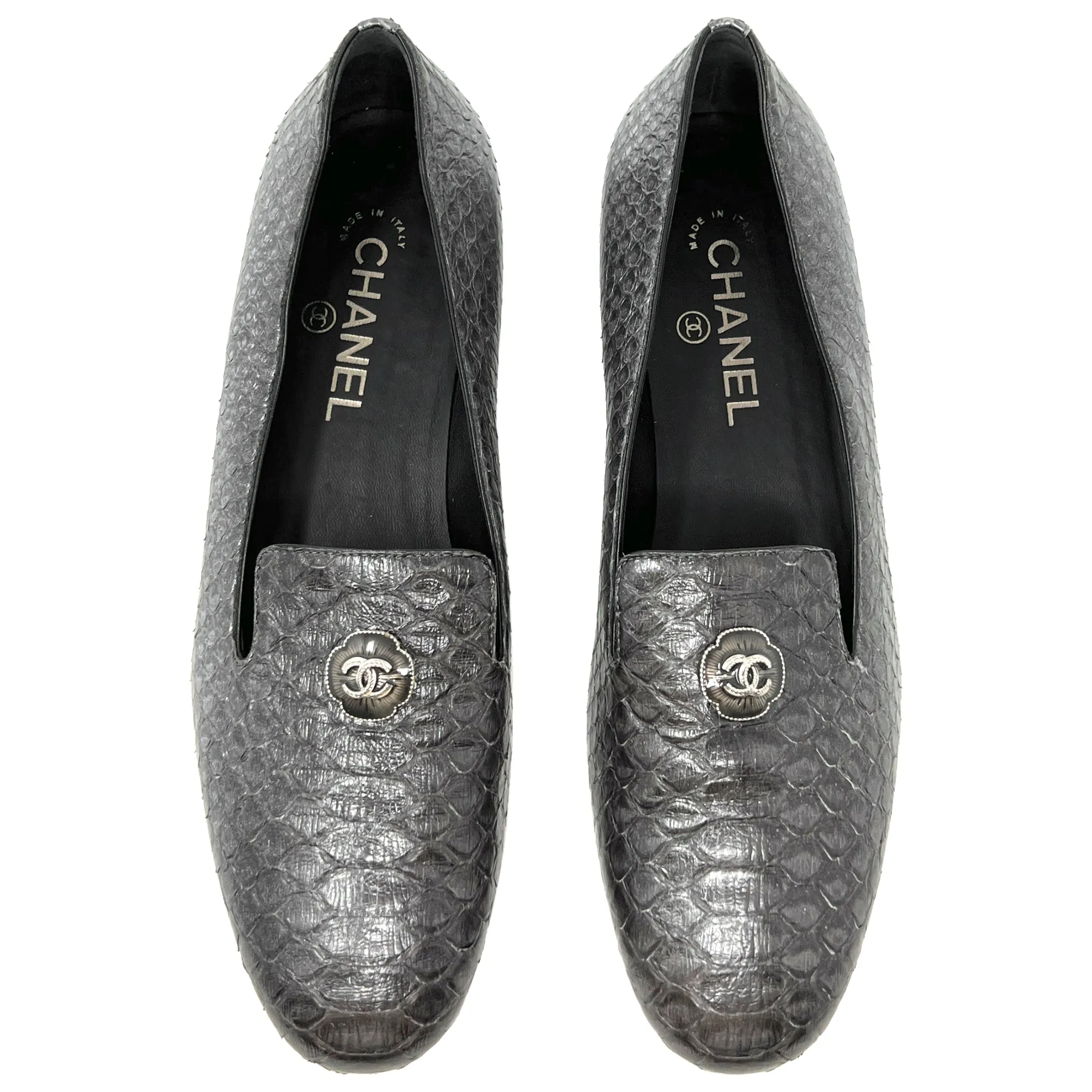 Chanel Grey Python Interlocking Logo Round Toe Flats Slippers Loafers Size EU 39.5