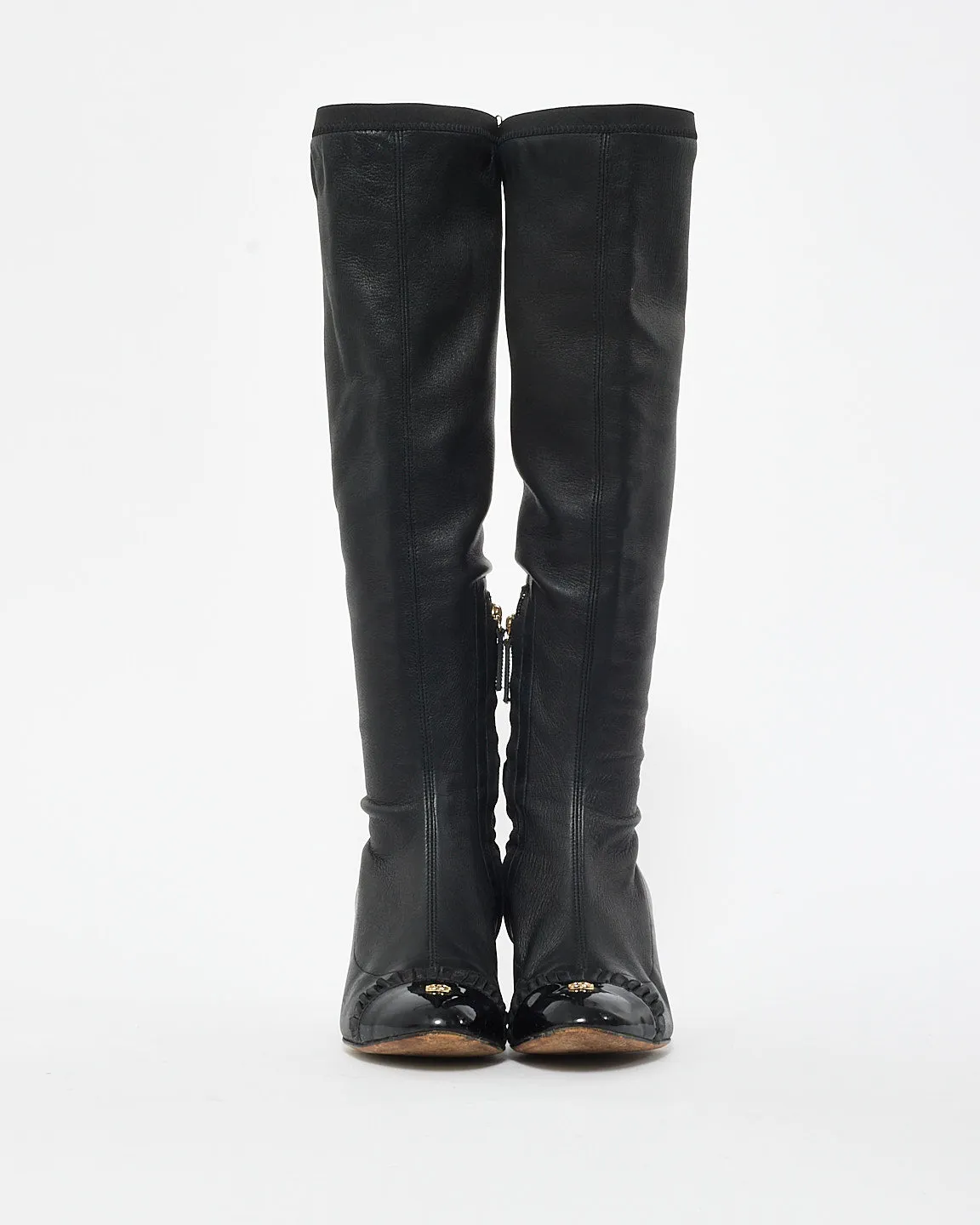 Chanel Vintage Black Lambskin Patent Cap Toe Knee High Stretch Boots - 35.5