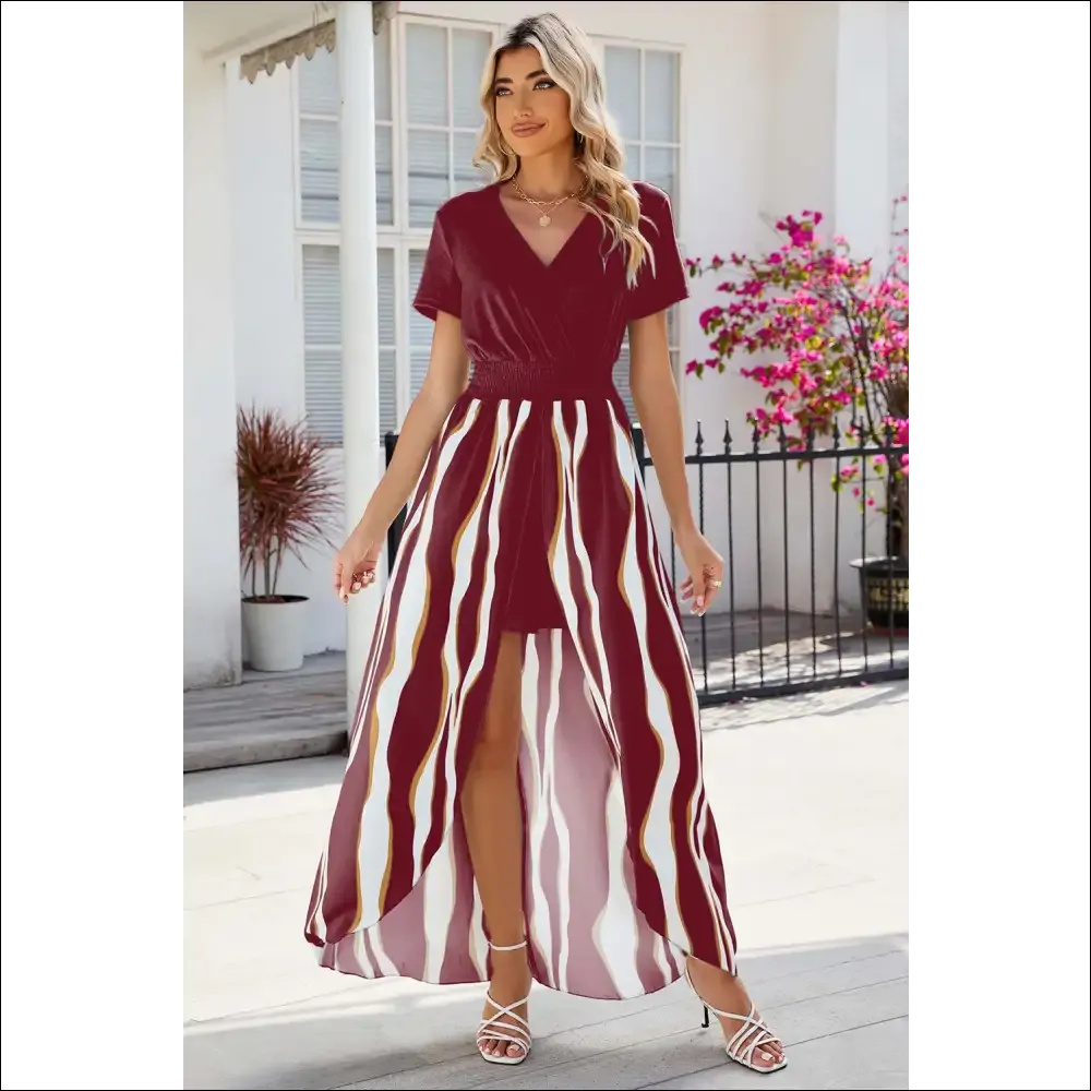 Chic Smocked High-Low Printed Surplice Dress