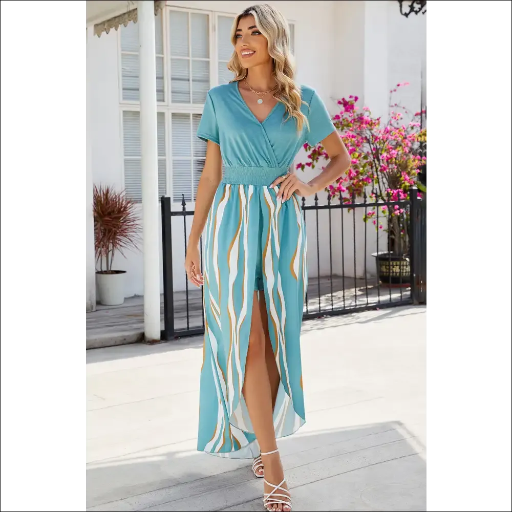 Chic Smocked High-Low Printed Surplice Dress