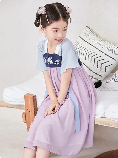 Chinese Style Lolita Dress OP Embroidery Pleated Lilac Chiffon Children Lolita OP Dress