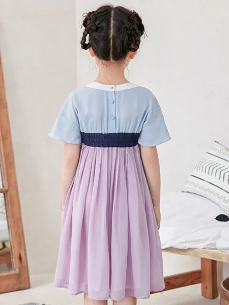 Chinese Style Lolita Dress OP Embroidery Pleated Lilac Chiffon Children Lolita OP Dress