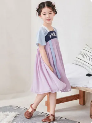 Chinese Style Lolita Dress OP Embroidery Pleated Lilac Chiffon Children Lolita OP Dress