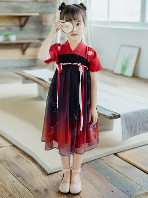 Chinese Style Lolita Dress OP Ombre Pleated Burgundy Children Lolita OP Dress