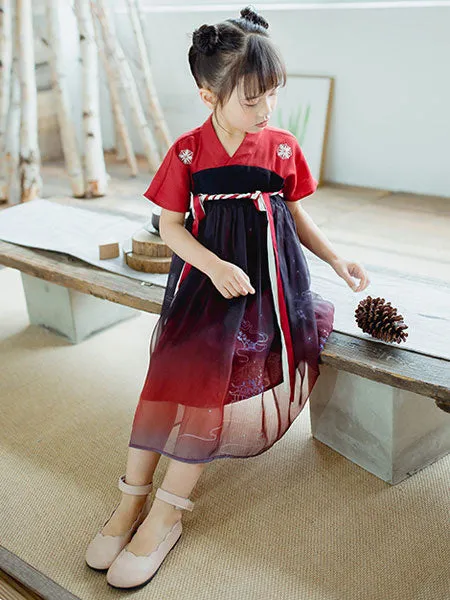 Chinese Style Lolita Dress OP Ombre Pleated Burgundy Children Lolita OP Dress