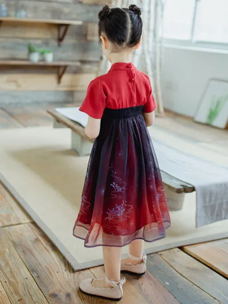 Chinese Style Lolita Dress OP Ombre Pleated Burgundy Children Lolita OP Dress