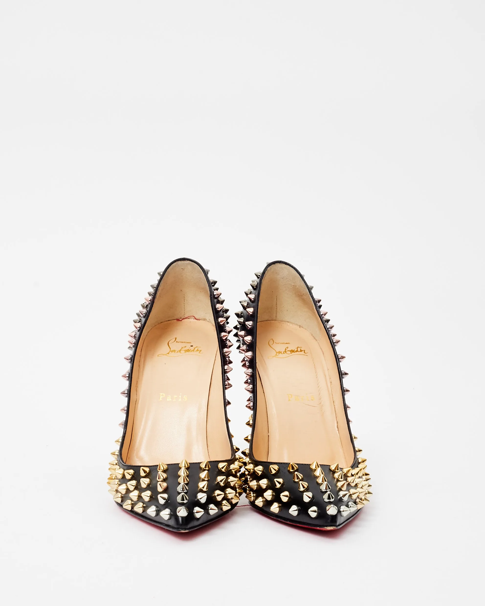 Christian Louboutin Black Leather & Silver Spike So Kate Pumps - 38.5