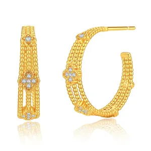 Clear Cubic Zirconia & 18K Gold-Plated Flower Bead Huggie Earrings