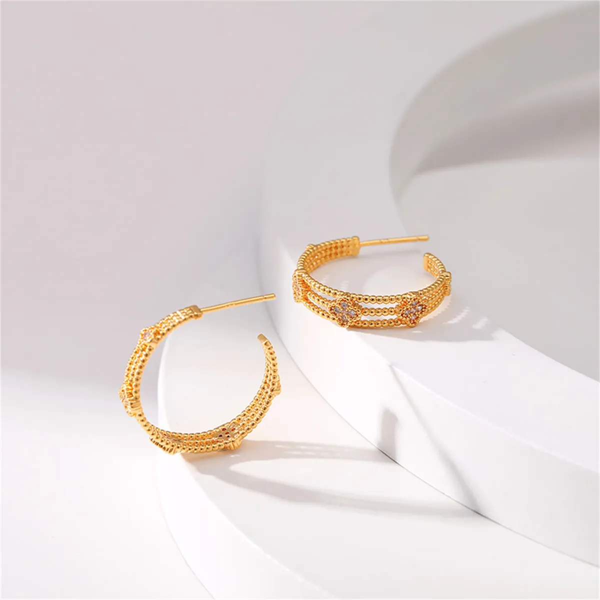 Clear Cubic Zirconia & 18K Gold-Plated Flower Bead Huggie Earrings