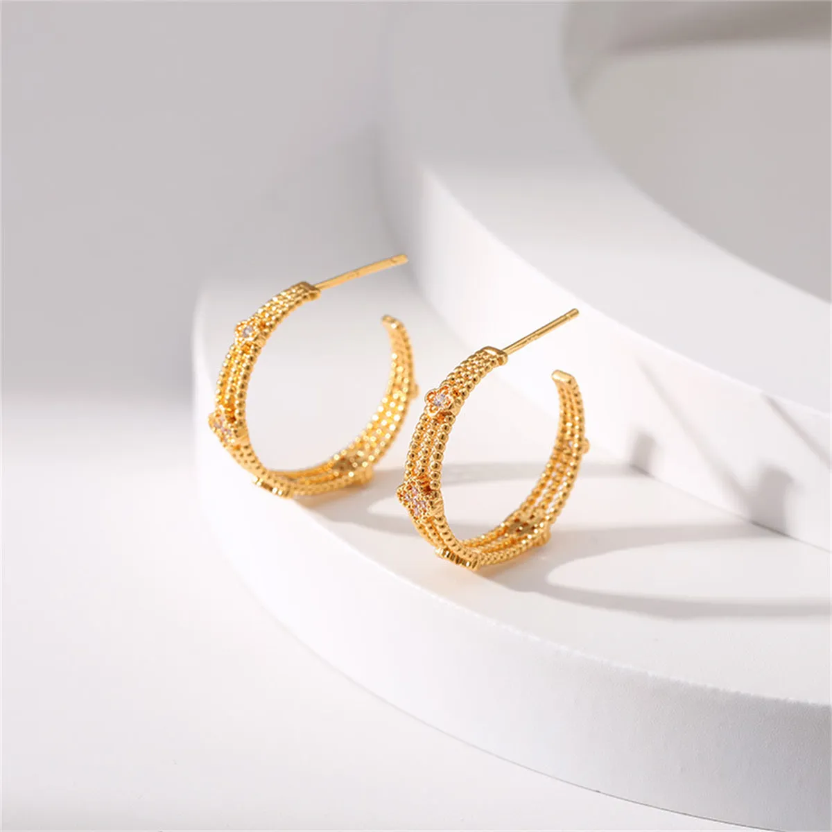 Clear Cubic Zirconia & 18K Gold-Plated Flower Bead Huggie Earrings