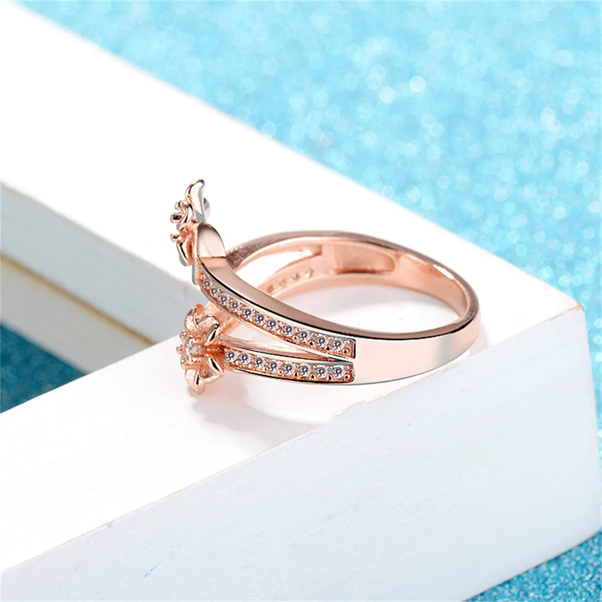 Clear Cubic Zirconia & 18K Rose Gold-Plated Flower Bypass Ring