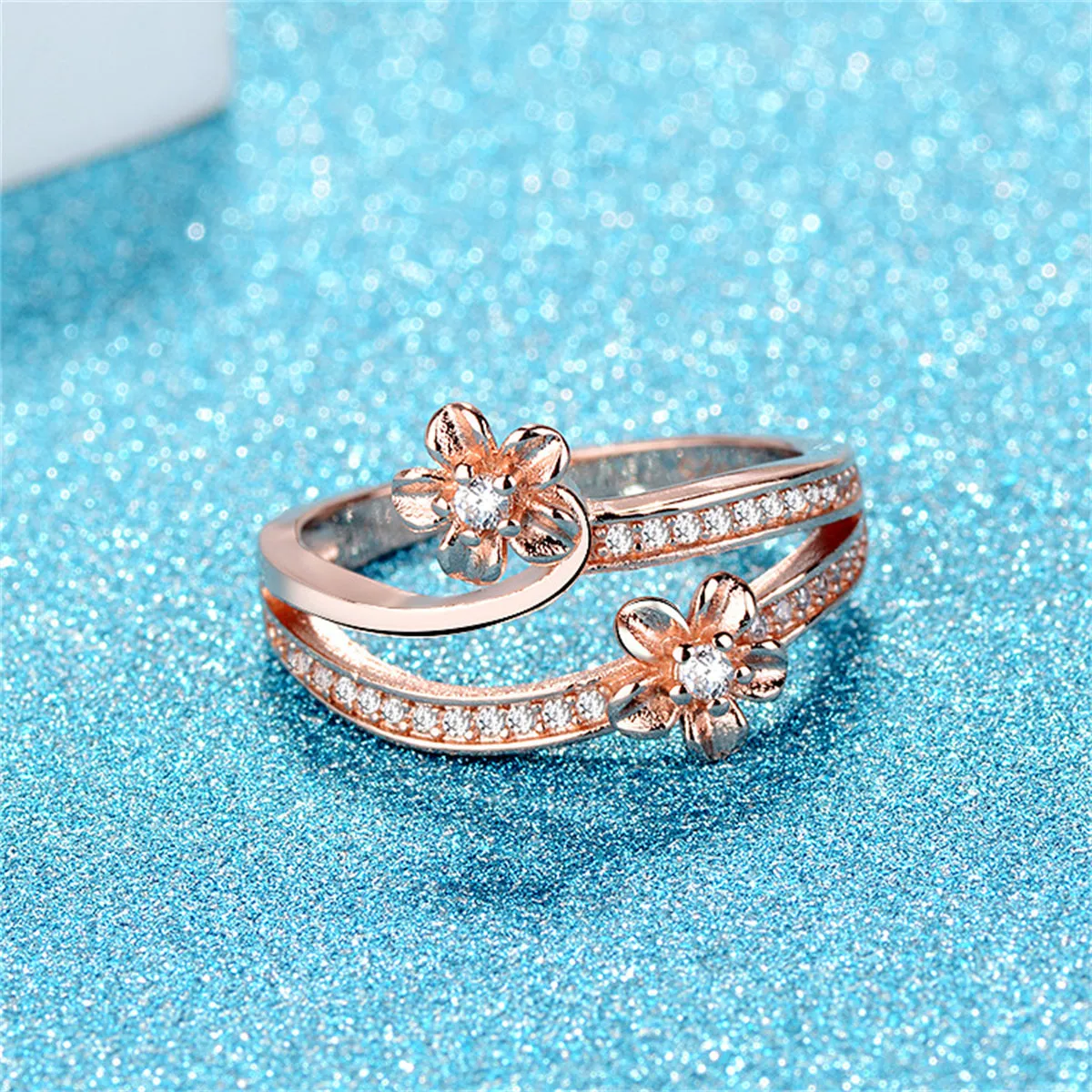 Clear Cubic Zirconia & 18K Rose Gold-Plated Flower Bypass Ring