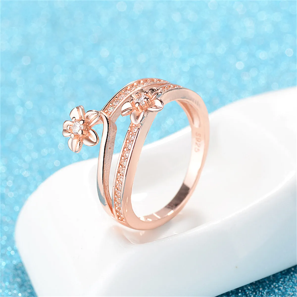 Clear Cubic Zirconia & 18K Rose Gold-Plated Flower Bypass Ring