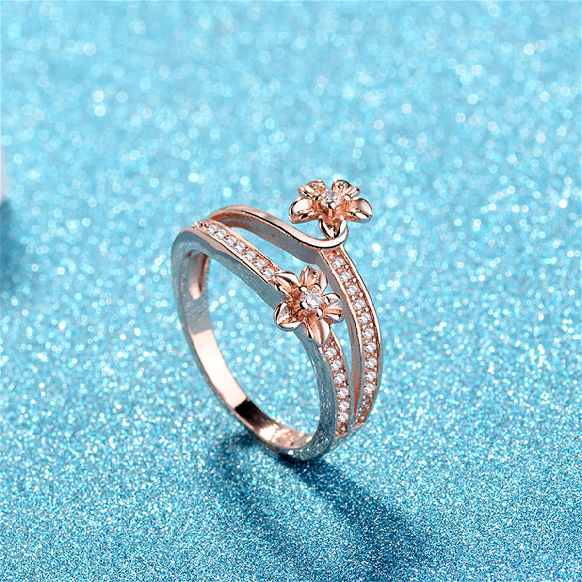 Clear Cubic Zirconia & 18K Rose Gold-Plated Flower Bypass Ring