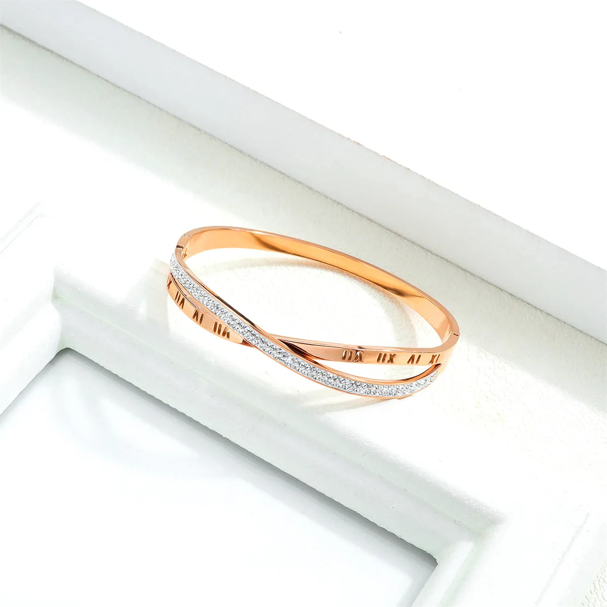 Clear Cubic Zirconia & 18K Rose Gold-Plated Roman Numeral Crisscross Bangle