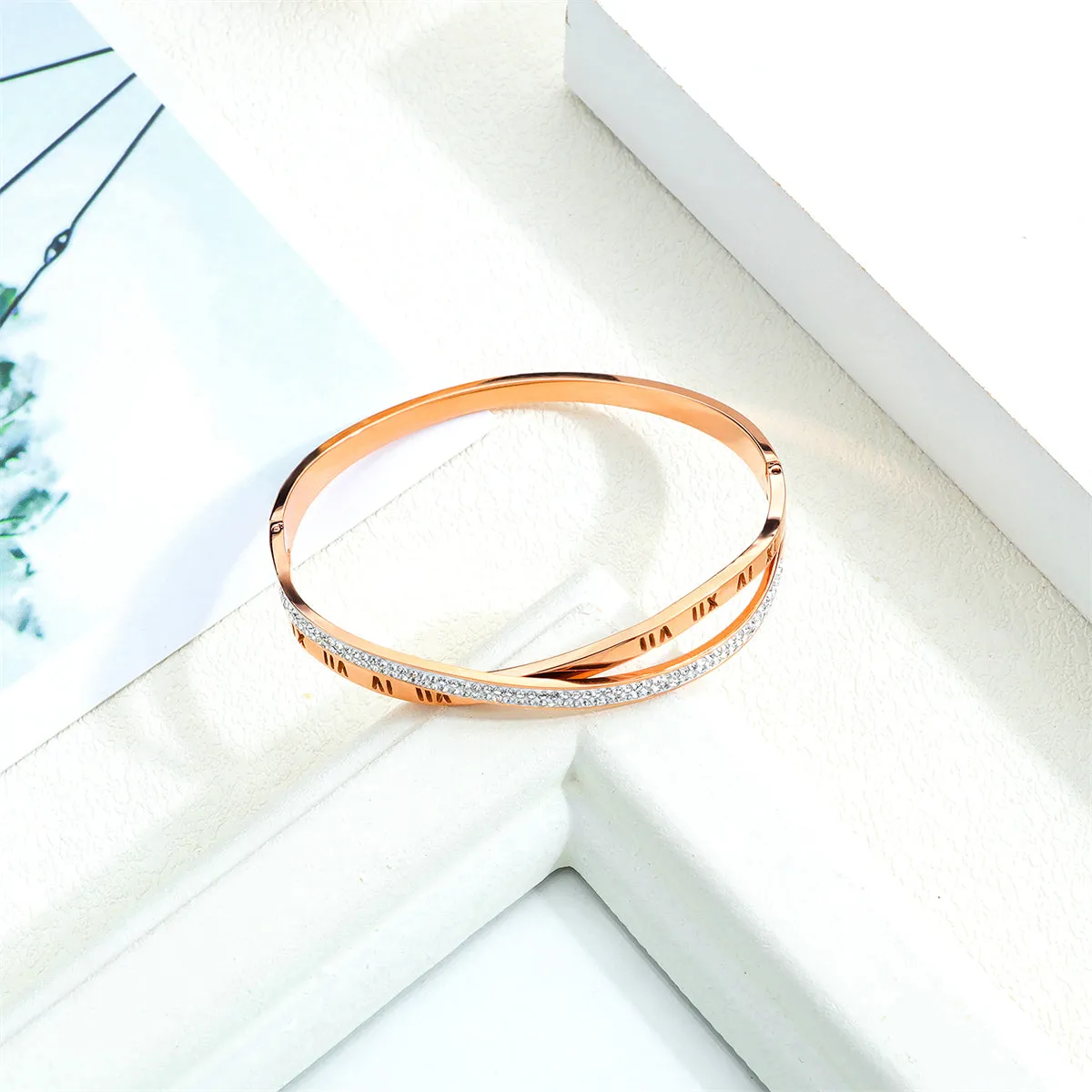 Clear Cubic Zirconia & 18K Rose Gold-Plated Roman Numeral Crisscross Bangle