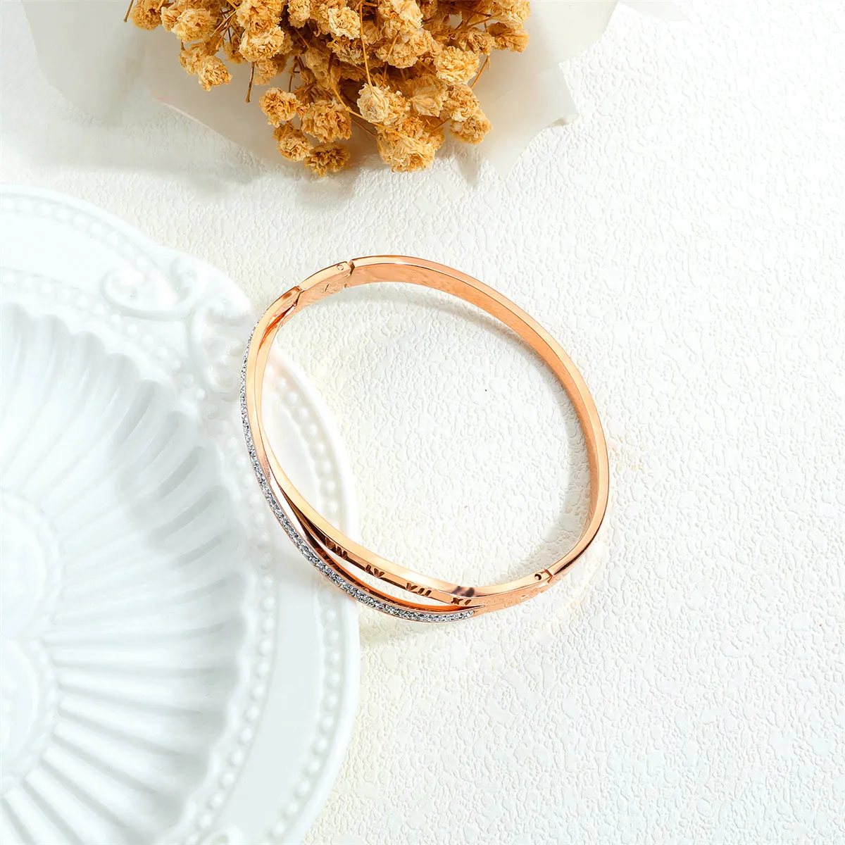 Clear Cubic Zirconia & 18K Rose Gold-Plated Roman Numeral Crisscross Bangle