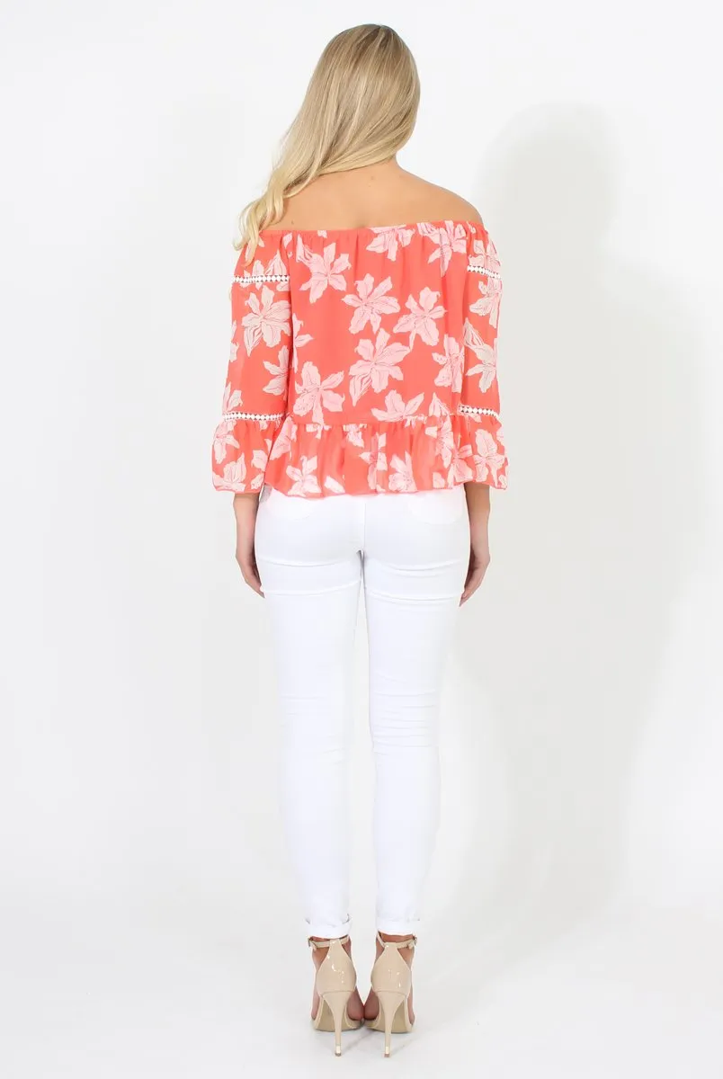 Coral Floral Cold Shoulder Top - Edina