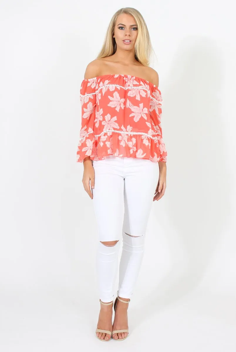 Coral Floral Cold Shoulder Top - Edina