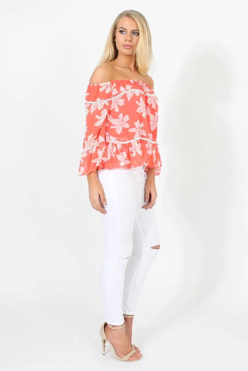 Coral Floral Cold Shoulder Top - Edina