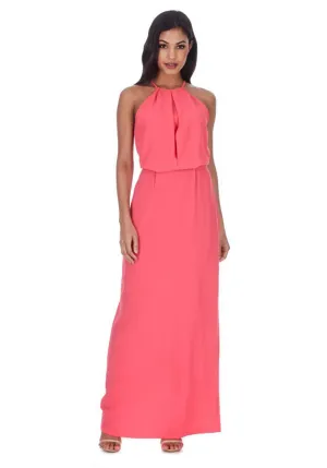 Coral Halterneck Strappy Lace Detail Maxi Dress