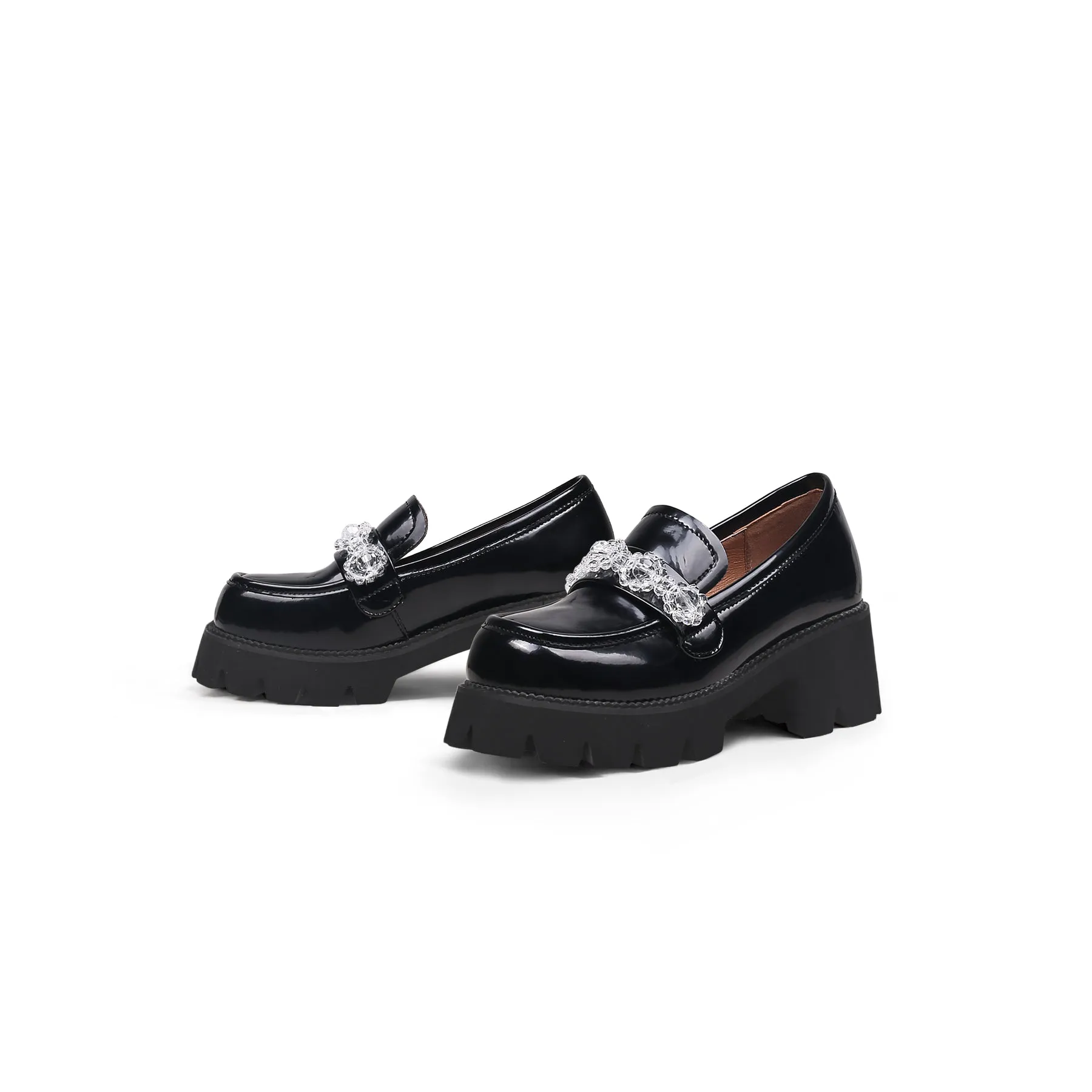 Crystal Deco Glossy Leather Loafer Black