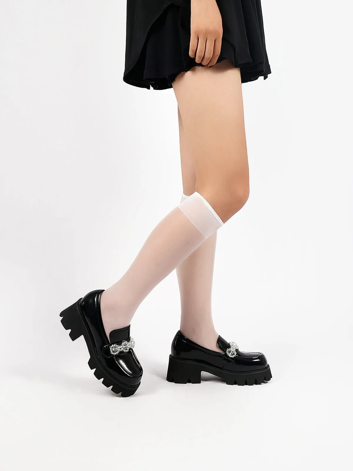 Crystal Deco Glossy Leather Loafer Black
