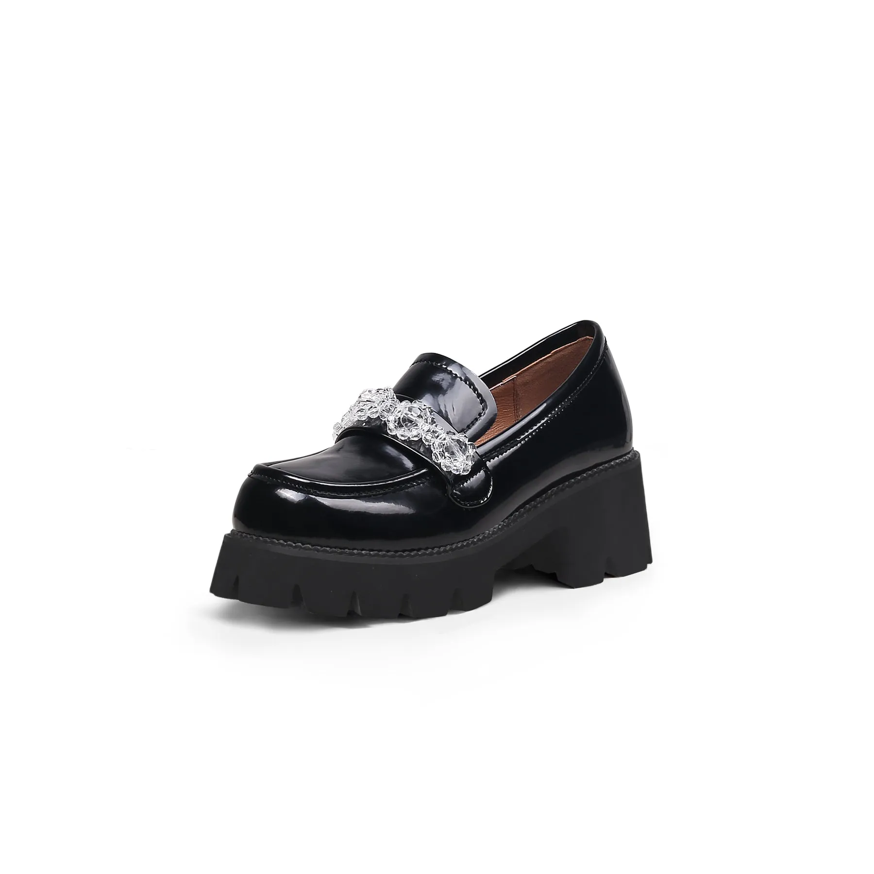 Crystal Deco Glossy Leather Loafer Black