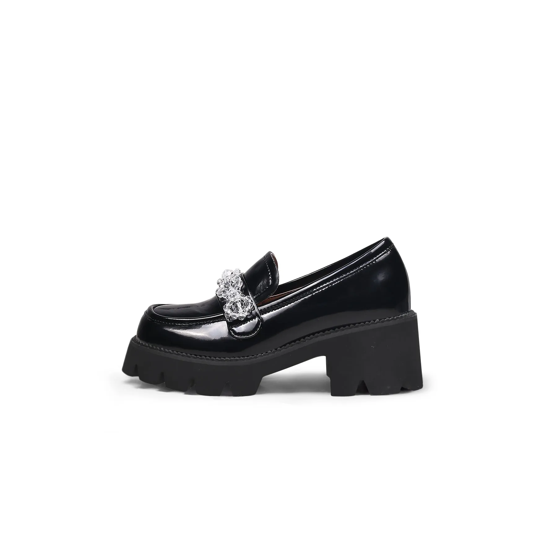 Crystal Deco Glossy Leather Loafer Black