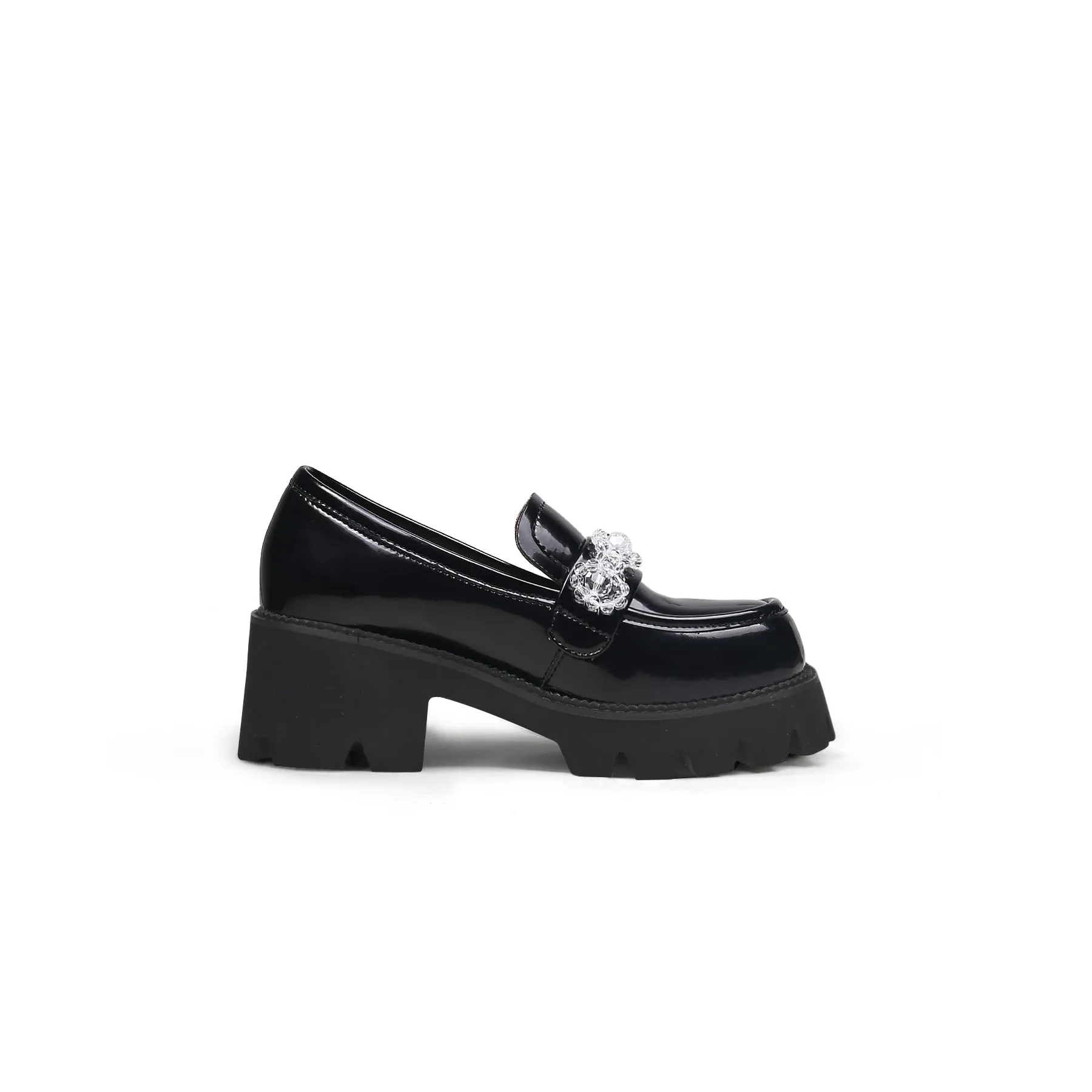 Crystal Deco Glossy Leather Loafer Black