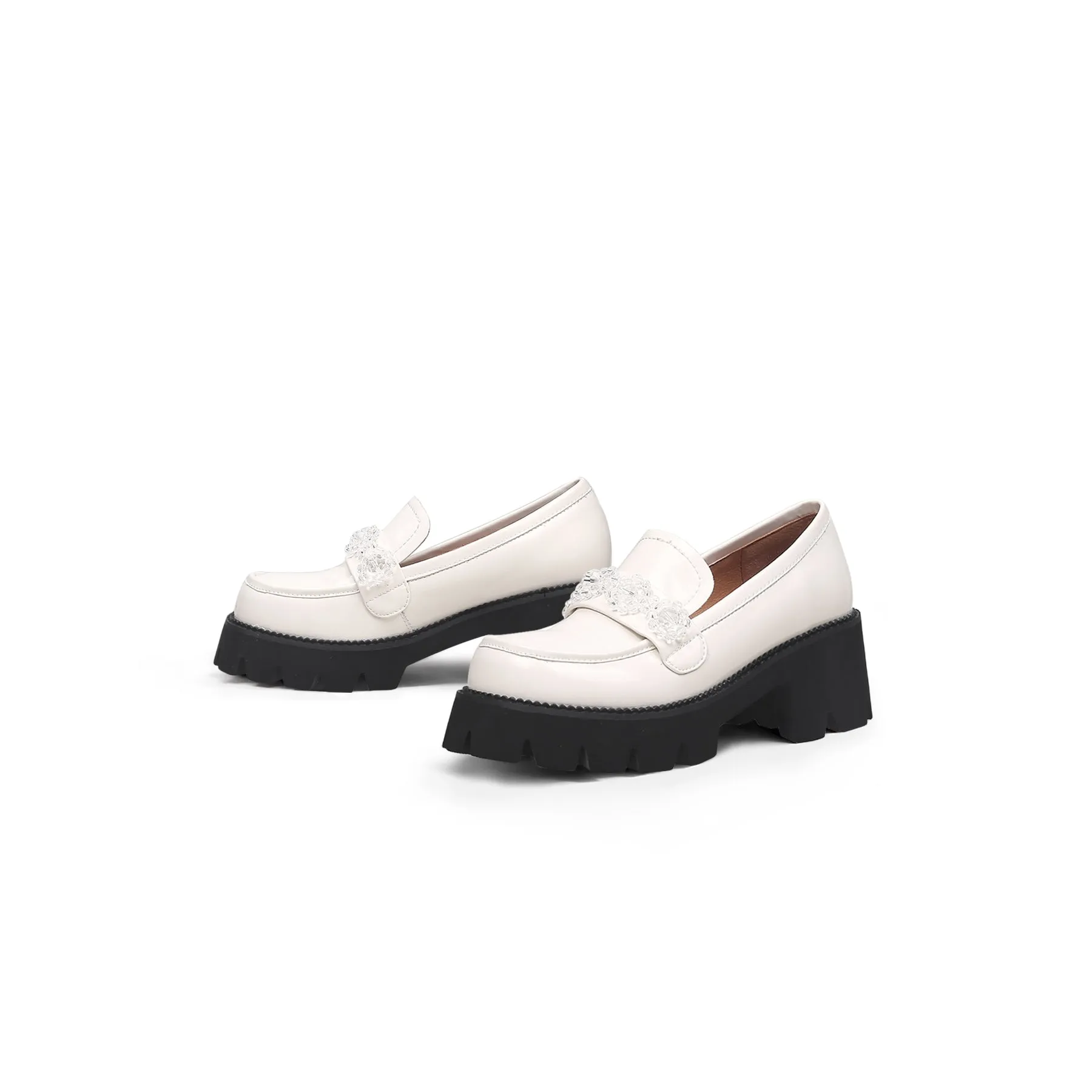 Crystal Deco Glossy Leather Loafer Ivory