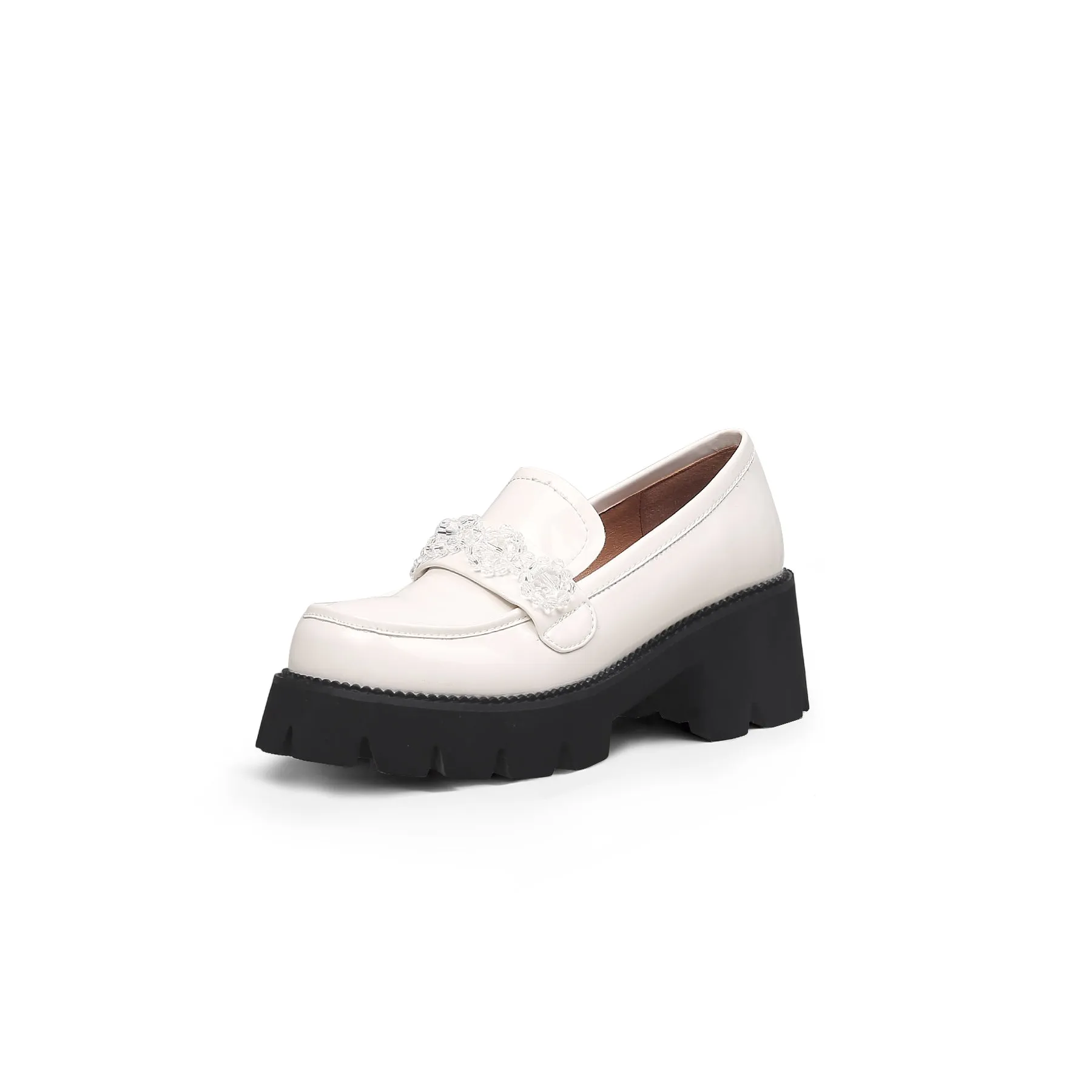 Crystal Deco Glossy Leather Loafer Ivory