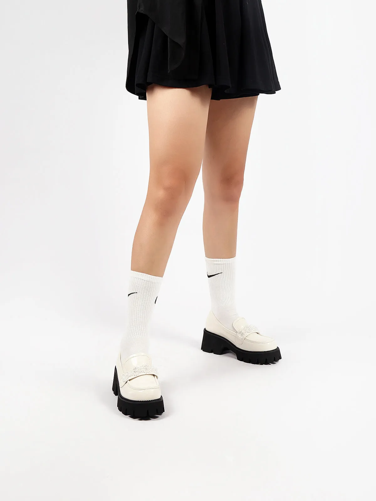 Crystal Deco Glossy Leather Loafer Ivory