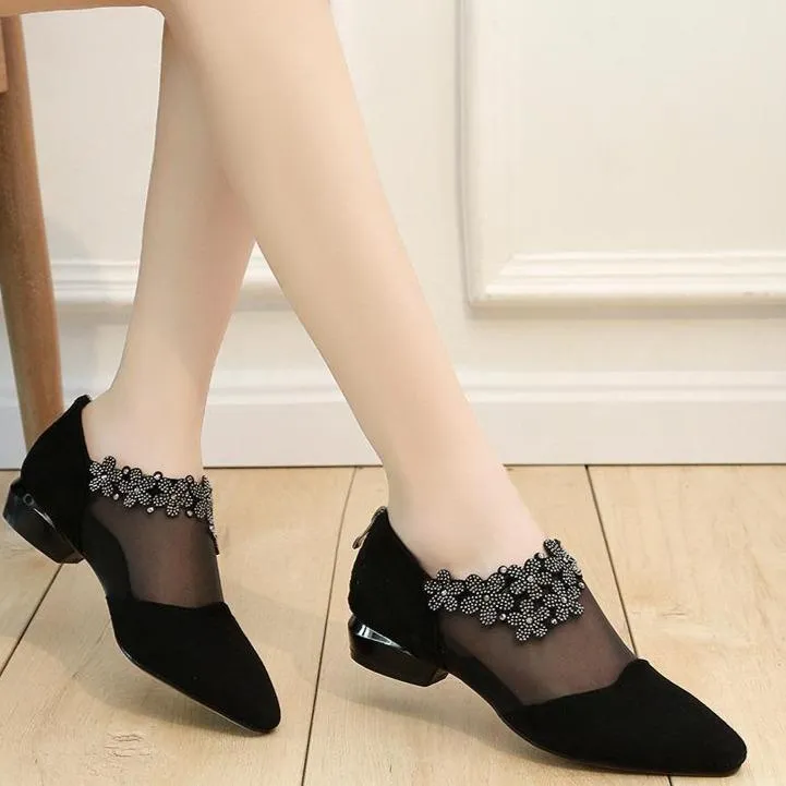 Crystal flower black mesh pointd toe low heel sandals