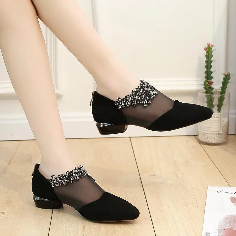 Crystal flower black mesh pointd toe low heel sandals