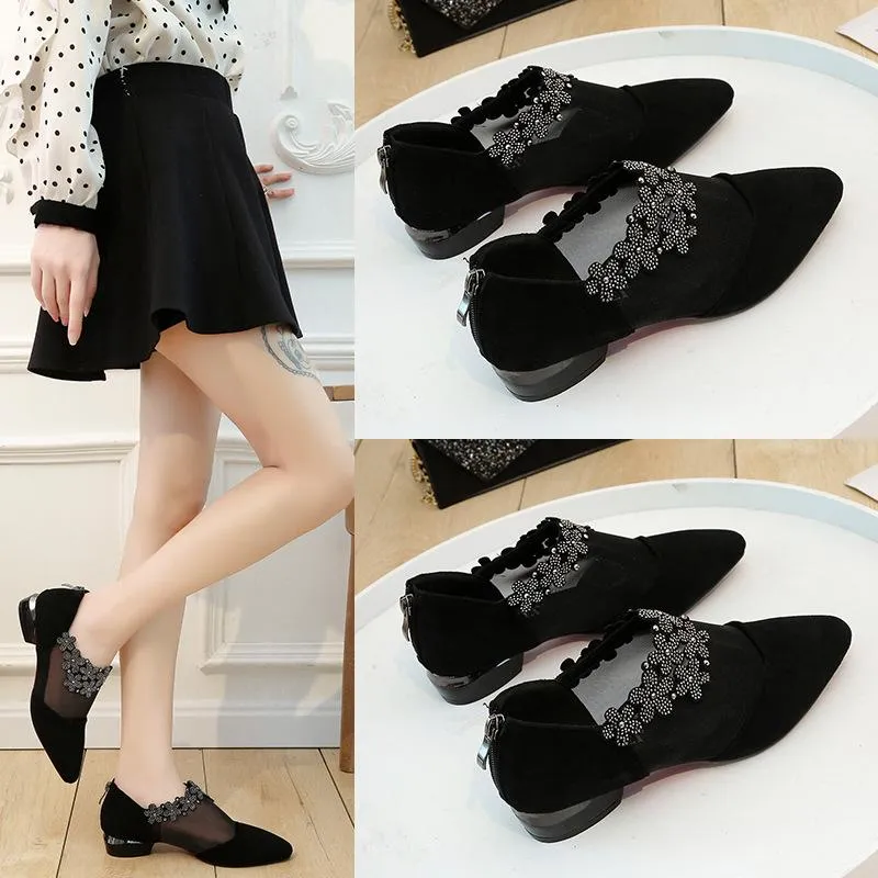 Crystal flower black mesh pointd toe low heel sandals