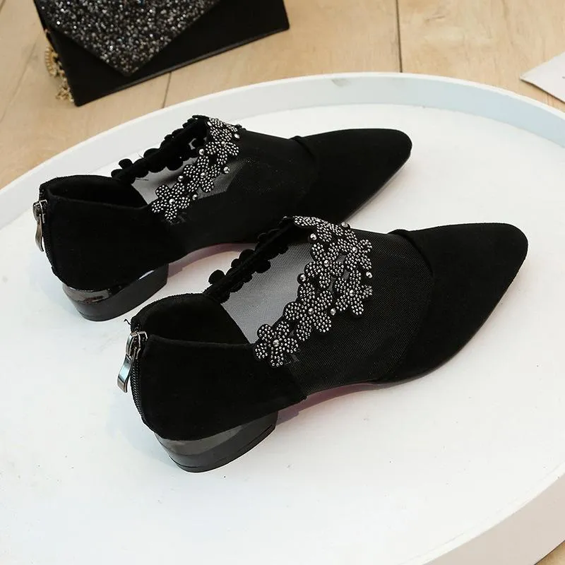 Crystal flower black mesh pointd toe low heel sandals