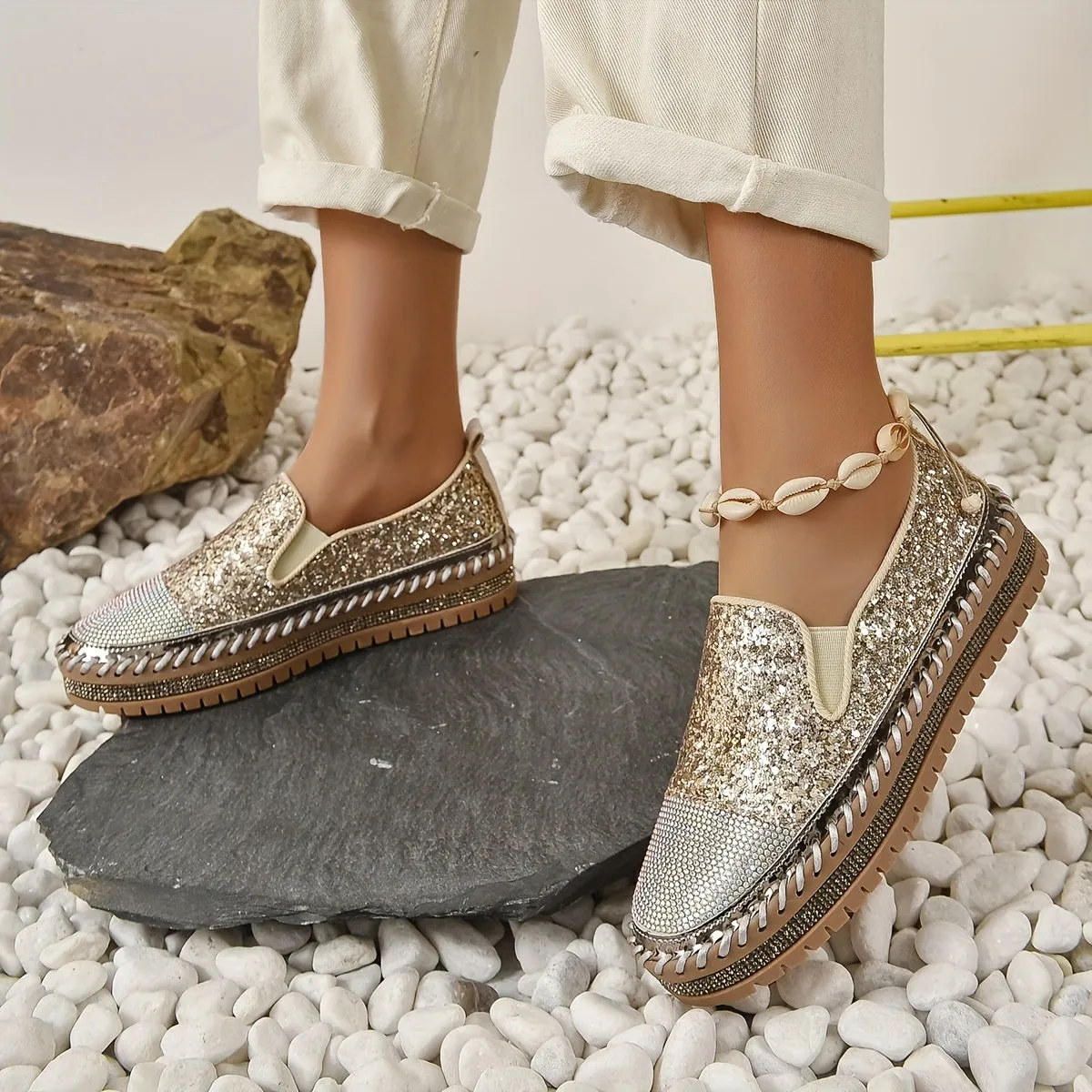 Crystal loafers voor vrouwen, 3 cm hak, comfortabele plateauschoenen