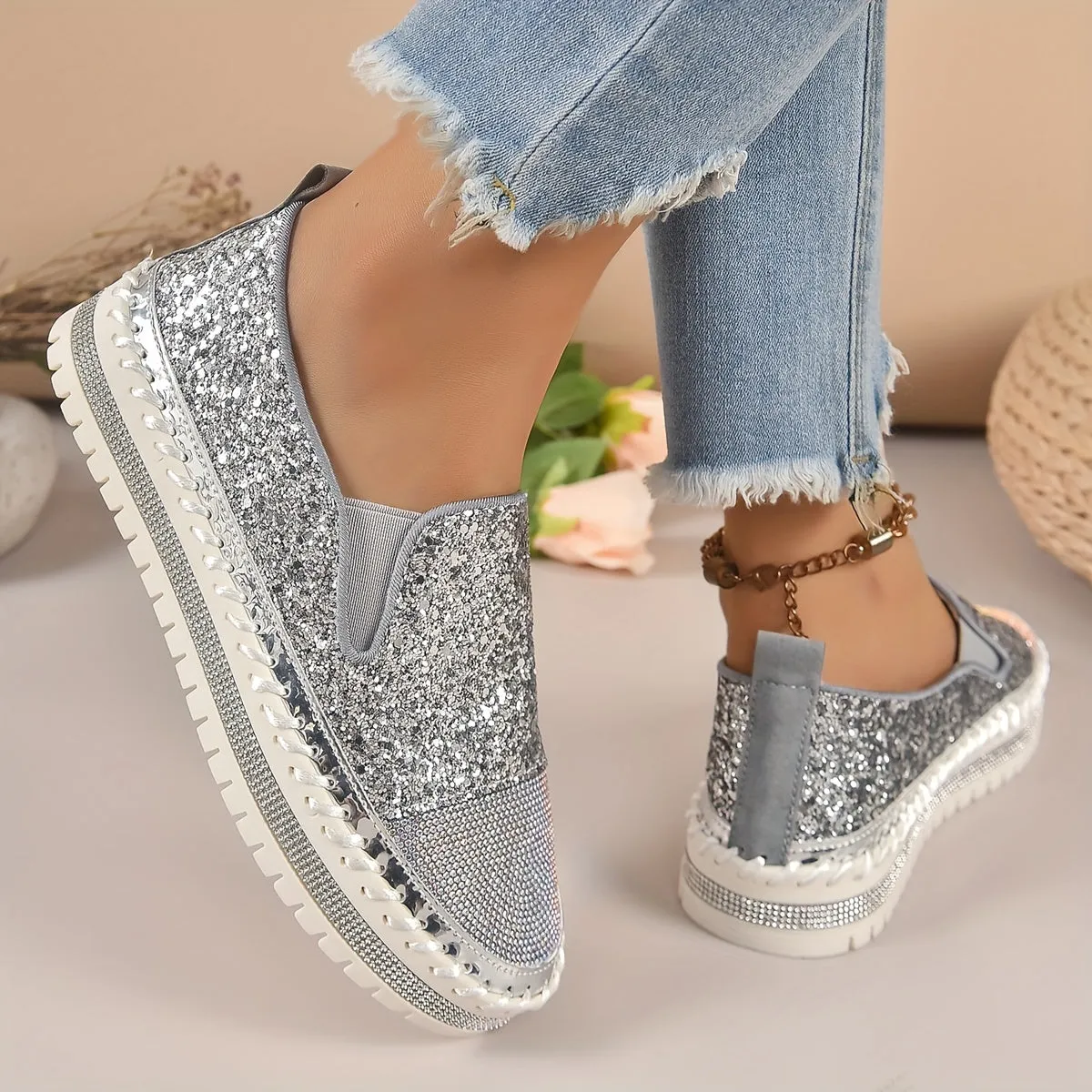 Crystal loafers voor vrouwen, 3 cm hak, comfortabele plateauschoenen